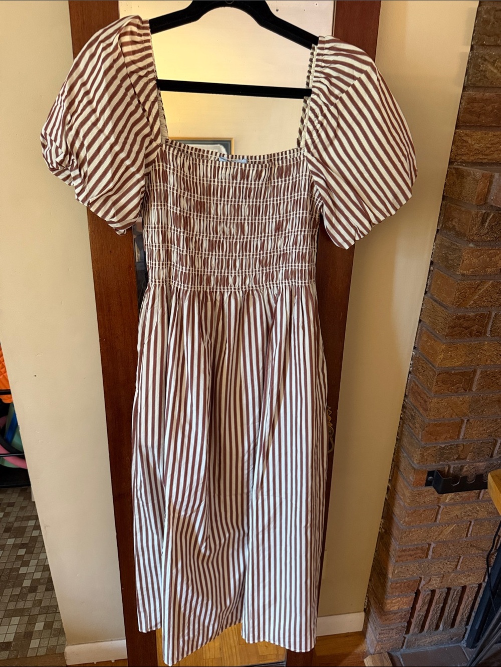 Hill House Smocked Midi Dress in White and Brown Stripes